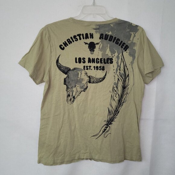Christian Audigier TShirt Mens XL Tan Graphic Skull Feather Western Ranch Rodeo - Picture 6 of 11